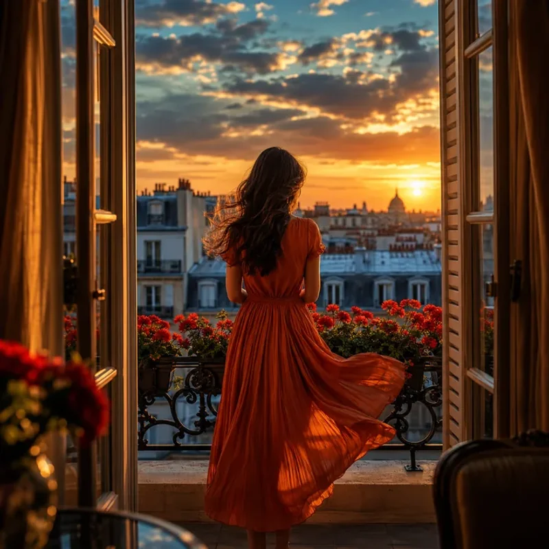 A woman in an orange dress watching the sunrise over the rooftops from an open balcony